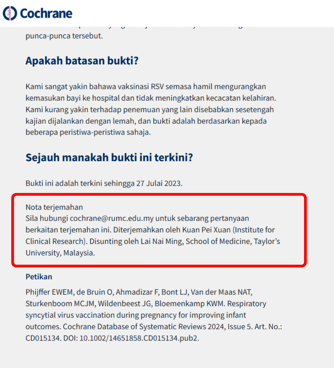 Picture 1: Translation notes at the end of the PLS showing the names of the volunteer translator and editor.